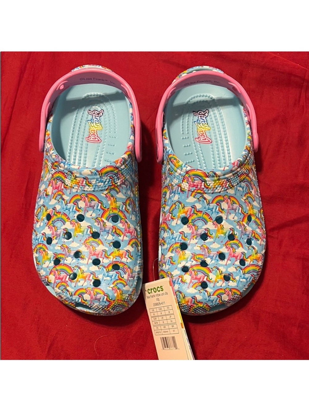 CROCS Kids' Classic Clog in Light Blue with Pink Strap and Rainbow Unicorn Print